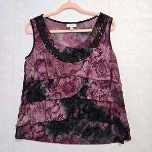 Dressbarn 1X Boho Whimsigoth Paisley Tiered Ruffle Sequin Tank Top Purple
